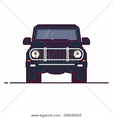 Front View Of Luxury Suv. Line Style Vector Illustration. Off Road Vehicle Banner. Offroad Modern Ca
