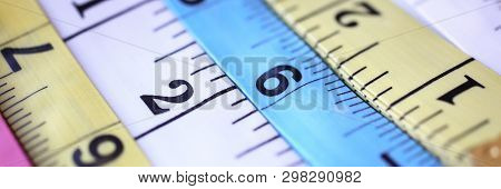 Line Of Colourful Tapes Arranged By Variety Of Colors Closeup. Weight Loss Dress Maker Vintage Style