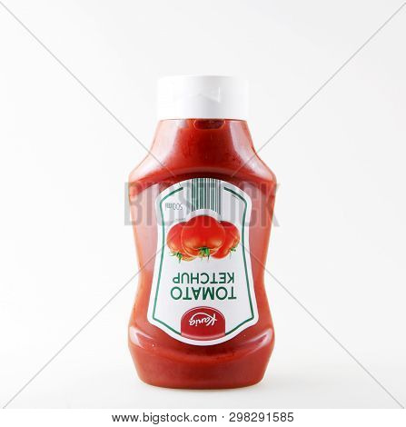 Pomorie, Bulgaria - April 26, 2019: Tomato Ketchup - Kania - 500 Ml Against White Background.