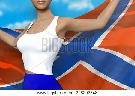 Young Girl In Bright Skirt Is Holding Novorossia Flag In Her Hands Behind Her On The Cloudy Sky Back