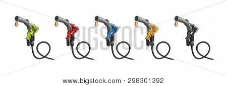 Fuelling Nozzles In Different Colours With Drop Of Fuel Illustration