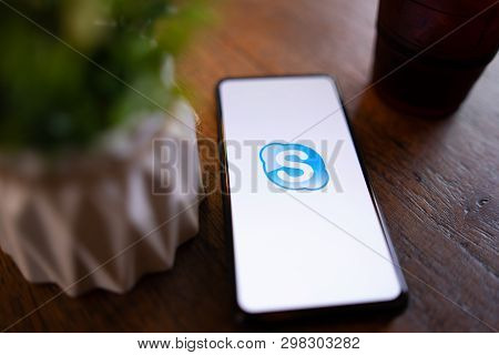 Chiang Mai, Thailand - Mar. 24,2019: Xiaomi Mi Mix 3 With Skype Apps. Skype Is Part Of Microsoft, Ca