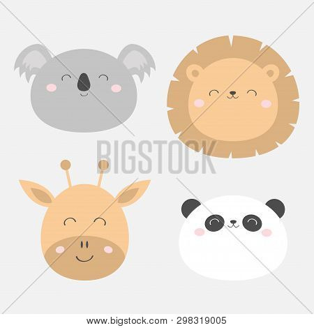 Giraffe Lion Koala Panda Bearround Face Head Icon Set. Kawaii Animal. Cute Cartoon Character. Funny 