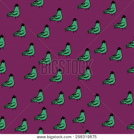 Spring Birds Illustration, Seamless, Pattern Pink Green Dove With Cylinder. Funny Style. Vector Illu