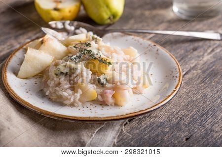 Pear And Gorgonzolla  Risotto On A Plate, Italian Cuisine, Tasty Homemade Vegetarian Dinner