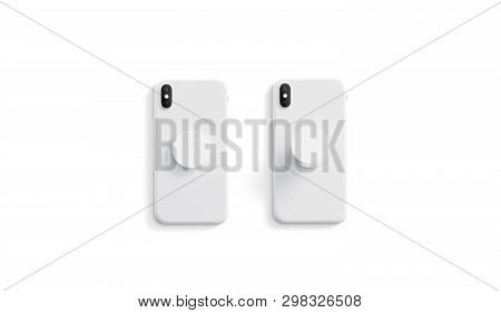 Blank White Opened And Closed Phone Pop Socket Mock Up On Smartphone Lying Isolated, Top View, 3d Re