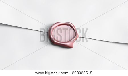 Blank Red Wax Stamp On Paper Envelope Letter Mock Up, Top View, Depth Of Field, 3d Rendering. Empty 
