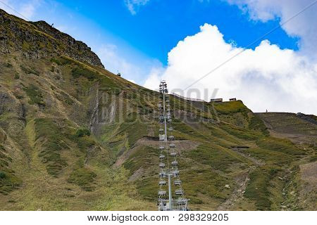 Sochi, Russia-september 30, 2017: Mountain Landscape With Rocky Slopes And The Cable Car In Krasnaya