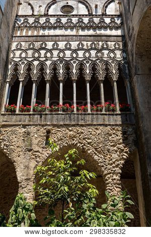 Ravello, Italy - June 16, 2017:  View Of Gothic Cloister Columns Of Villa Rufolo In Ravello, Amalfi 