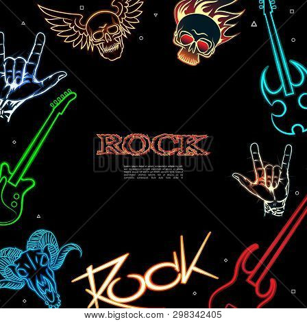 Rock Music Poster With Neon Winged And Fiery Skulls Demon Head Electric Guitars Rock Hand Signs Vect
