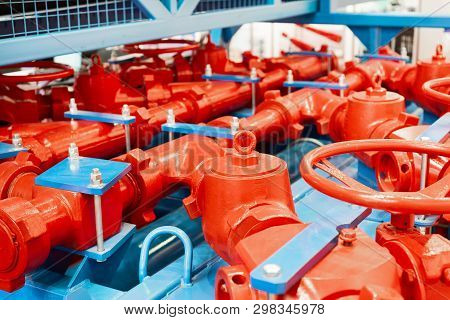 Drilling Equipment. Manifold Unit, A Lot Of Powerful Pipelines And Valves.