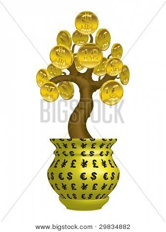 Money tree met gouden munten in bloempot op witte achtergrond