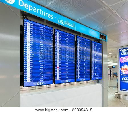 Dubai, Uae - April 2. 2019. Departure Scoreboard It Dxb International Airport