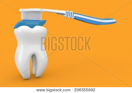 White Tooth And Plastic Tooth Brush With Blue Charcoal Toothpaste On A Yellow Background 3d Renderin