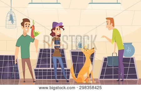 Animal Shelter. Owners Choose Puppy Dog In Cage Vector Cartoon Background. Animal Nursery, Kitty And