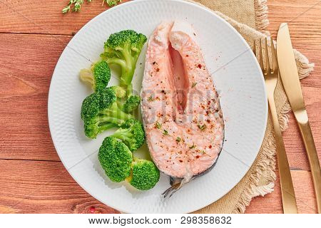 Steam Salmon And Vegetables, Paleo, Keto, Fodmap Diet. White Plate On A Rustic Wooden Table, Top Vie