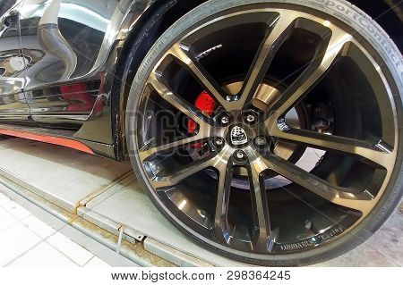 Moscow, Russia - April 29, 2019: Custom Lumma Alloy Wheels On Exclusive Black Porsche Cayenne On Sus