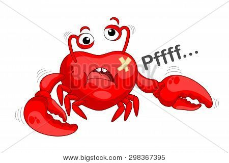 Very Tired Crab, Beaten Red Crab. Vector Illustration - Crab On White Background
