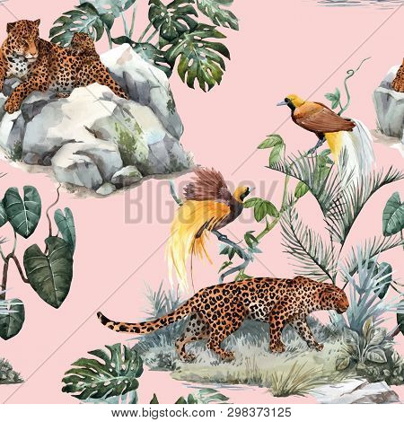 Beautiful Vector Seamless Pattern With Hand Drawn Watercolor Tropical Flowers And Animals