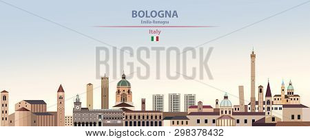 Vector Illustration Of Bologna City Skyline On Colorful Gradient Beautiful Day Sky Background With F