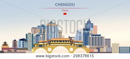 Vector Illustration Of Chengdu City Skyline On Colorful Gradient Beautiful Daytime Background
