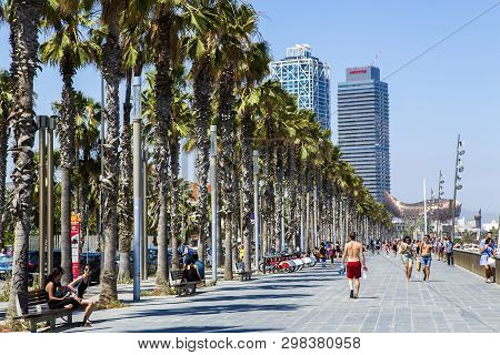 Spain, Barcelona, March 8, 2019: Barceloneta Is A Neighborhood In The Ciutat Vella District Of Barce