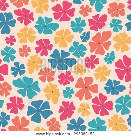 Seamless Repeat Pattern Of Stylized Bright Colourful Flowers On A Pale Background. A Pretty Tossed V