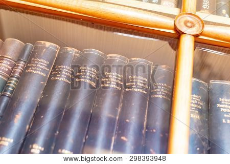 Radun Castle, Czech Republic, 7 April 2019 - Beautiful Ancient Old Books On Shelf In The Library