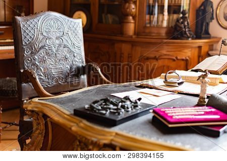 Radun Castle, Czech Republic, 7 April 2019 - Classic Old Office Room With Beautiful Wooden Chair And