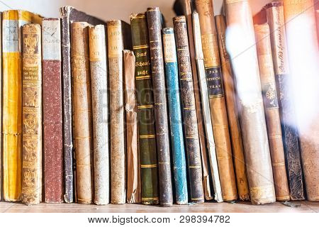 Radun Castle, Czech Republic, 7 April 2019 - Beautiful Ancient Old Books On Shelf In The Library
