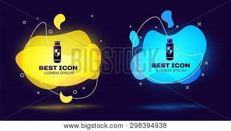 Black Usb Flash Drive And Protection Shield Icon Isolated On Blue Background. Set Of Liquid Color Ab