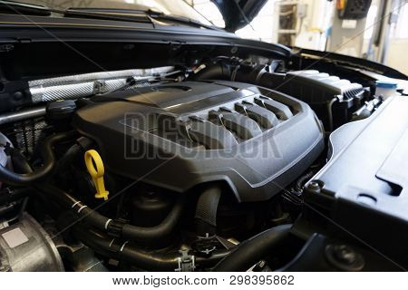 Technical photo. The internal combustion engine of a modern car. Structure and appearance. Intake ma