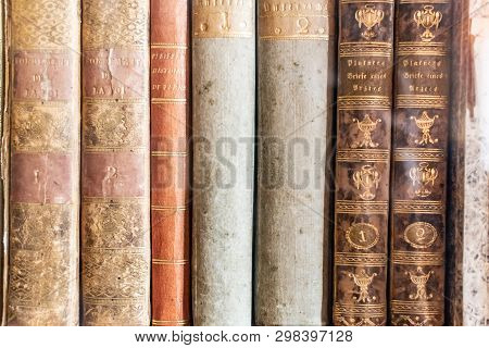 Radun Castle, Czech Republic, 7 April 2019 - Beautiful Ancient Old Books On Shelf In The Library