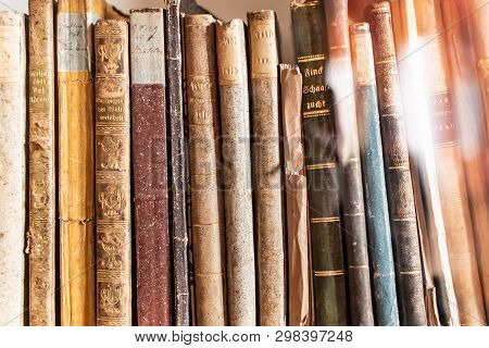 Radun Castle, Czech Republic, 7 April 2019 - Beautiful Ancient Old Books On Shelf In The Library