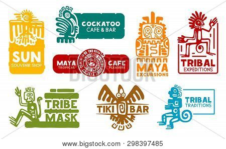 Maya And Aztec Business Corporate Identity Icons. Vector Mayan And Aztec Symbols, Souvenir Shop Or F