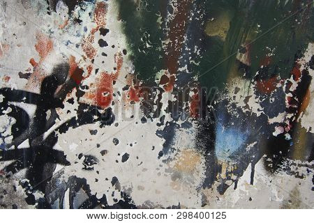 Cracked And Peeling Colorful Paint, Grunge Old Wall Texture. Tempalte For Design. Copy Space.