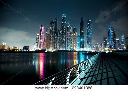 Nught Light Promenade At Dubai Marina. Dubai, United Arab Emirates