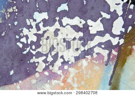 Cracked And Peeling Colorful Paint, Grunge Old Wall Texture. Tempalte For Design. Copy Space.