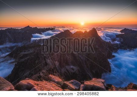 Mountains Landscape With Inversion In The Valley At Sunset As Seen From Rysy Peak In High Tatras, Sl