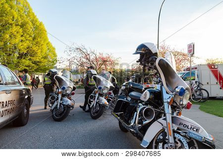Vancouver, Bc, Canada - Apr 20, 2019: Vpd Motorcycles And Patrol Vehicles At The 420 Festival In Van