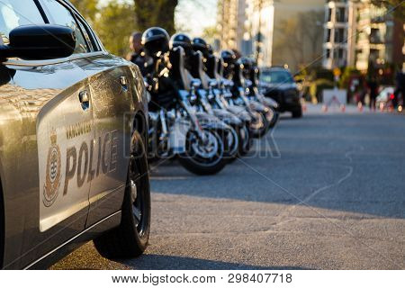 Vancouver, Bc, Canada - Apr 20, 2019: Vpd Motorcycles And Patrol Vehicles At The 420 Festival In Van