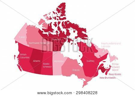 Map Of Canada Divided Into 10 Provinces And 3 Territories. Administrative Regions Of Canada. Pink Ma