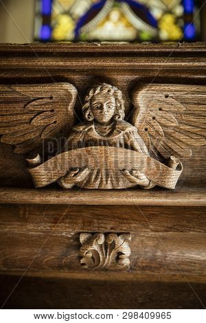 Great Givendale, Yorkshire, Uk, 25th March 2019, A Wooden Angel Carving The Saint Ethelburgas Church