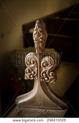 Great Givendale, Yorkshire, Uk, 25th March 2019, Pew Carving Inside Great Givendale Church On The Ch