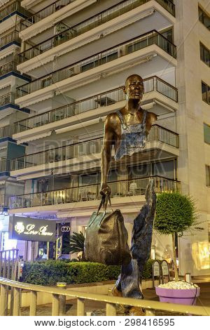 Cannes, France - July 06, 2015: Statue Of The Artist Bruno Catalano, La Croisette, Cannes. Night Vie