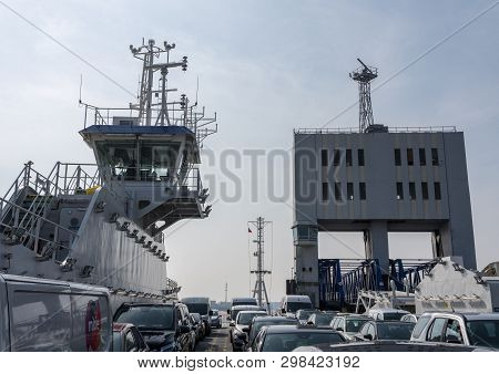 London, Uk - 15 April 2018: Cars Onboard The Free Woolwich Ferry Across The Thames In London
