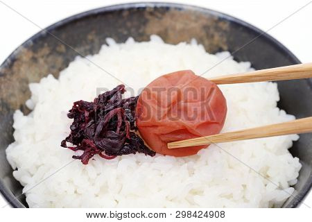 Japanes Food, Cooked White Rice With Umeboshi On White Background