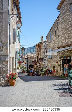 Gourdon, France - 14 August, 2017: Street In The Medieval Town Of Gourdon Provence France