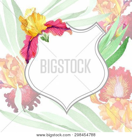 Red Bold Encounter Iris Floral Botanical Flowers. Watercolor Background Illustration Set. Frame Bord