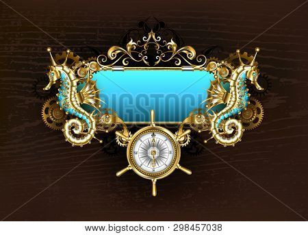 Antique, Blue Banner With Mechanical Seahorse And Brass Gears On Brown Wooden Background.